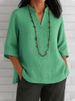 Women's Clothing V Neck Three Quarter Sleeve Cotton And Linen Loose Casual Shirt_ecoleips.com