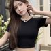High-Waisted, Short, Crop Back, Cut-Out Short-Sleeved T-Shirt For Women, Tight French Solid Color Base Summer Top, Ins_ecoleips.com