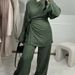 Voya Women's Lace Up Top With Wide Leg Pants, Two-piece Set With Buttonless Top And Waistband, Paired With Wide Leg Pants_ecoleips.com