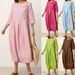 Women's Pleated Cotton Linen Dress Solid Color Casual Loose Button Crescent Neck Three Quarter Sleeve 2026 European And American_ecoleips.com