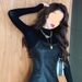 Leather Skirt Two-Piece Set 2025 Spring New High-Waisted Strap Slimming Dress Long-Sleeve Base Shirt_ecoleips.com