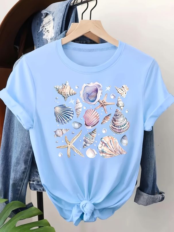 Seashell & Starfish Women's Tee - Coastal Beach Graphic, Casual Light Blue Top_ecoleips.com