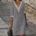 Women's Clothing Women's Style Solid Color V Neck Mid Sleeve Cotton Linen Casual Dresses Lace Trimmed For Formal & Casual_ecoleips.com