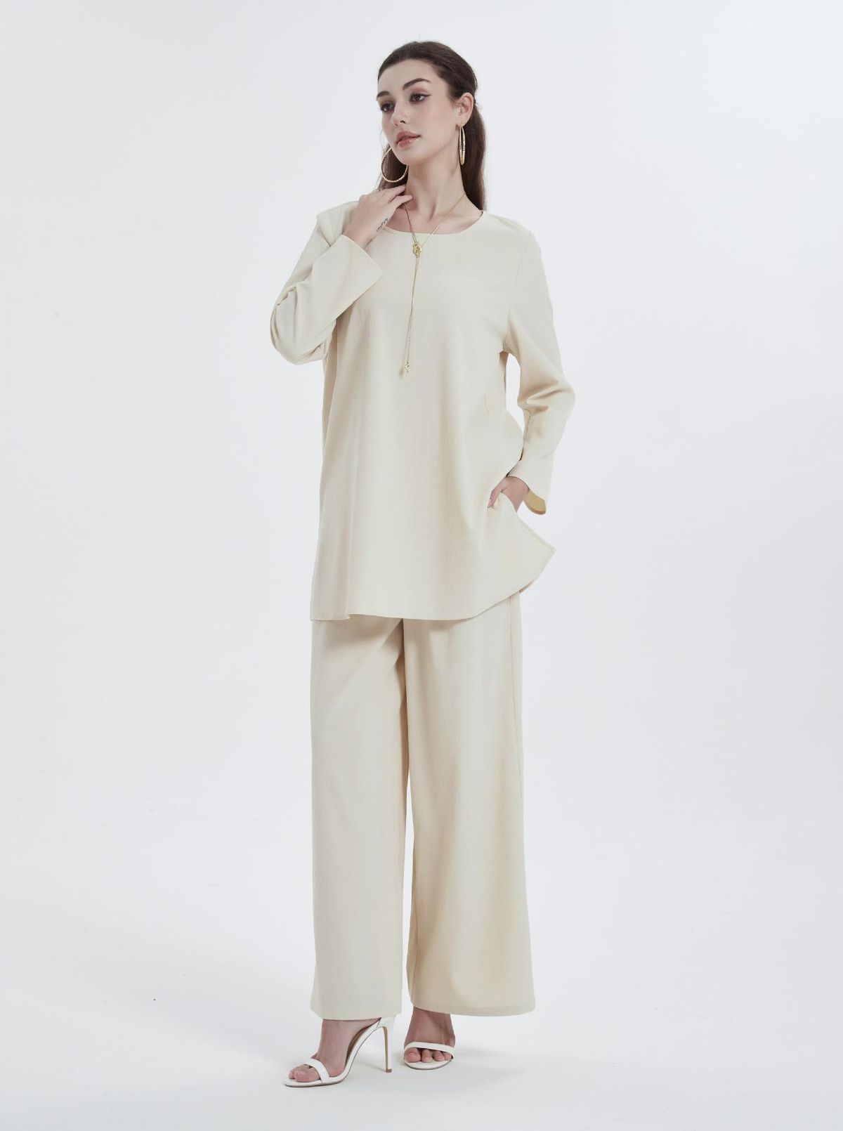 Abaya Dubai Muslim Women's Solid Color Top And Pants Two-Piece Set MSL1750_ecoleips.com