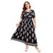 Women's Clothing Plus Size Flower Short Sleeve Big Swing Dress Loose V Neck Travel Holiday Style Long Skirt Beach Dress_ecoleips.com