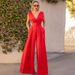 Women's Clothing Slim Fit One Piece High Waist Wide Leg Pants V Neck Polyester Fabric Long Straight Cut_ecoleips.com
