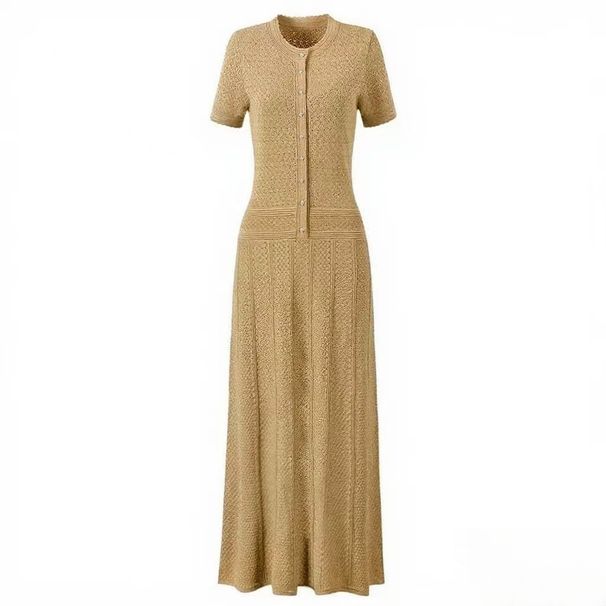 Women's French Style Crochet Lace A-Line Dress Summer Breathable Slim Fit round Neck Short Sleeve Knit Gown_ecoleips.com