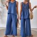 Women's Sleeveless Vest And Trousers Set Solid Color Back Hollowed Out Lace_ecoleips.com