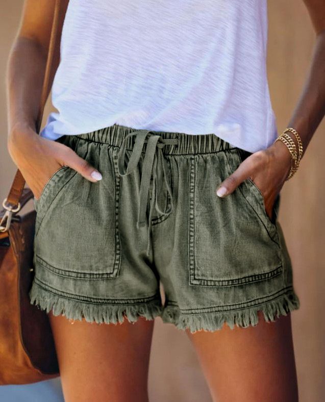 Women's Clothing Elastic Waist Drawstring Casual High Waist Slimming Denim Shorts_ecoleips.com