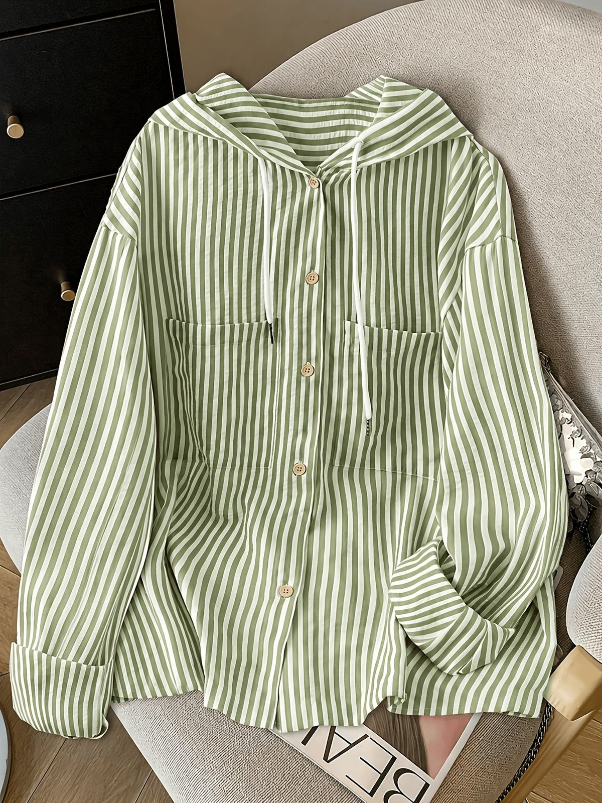 Plus Size Women's Long Sleeved Shirt Soft Light Blue And White Horizontal Stripes Casual Office Top_ecoleips.com
