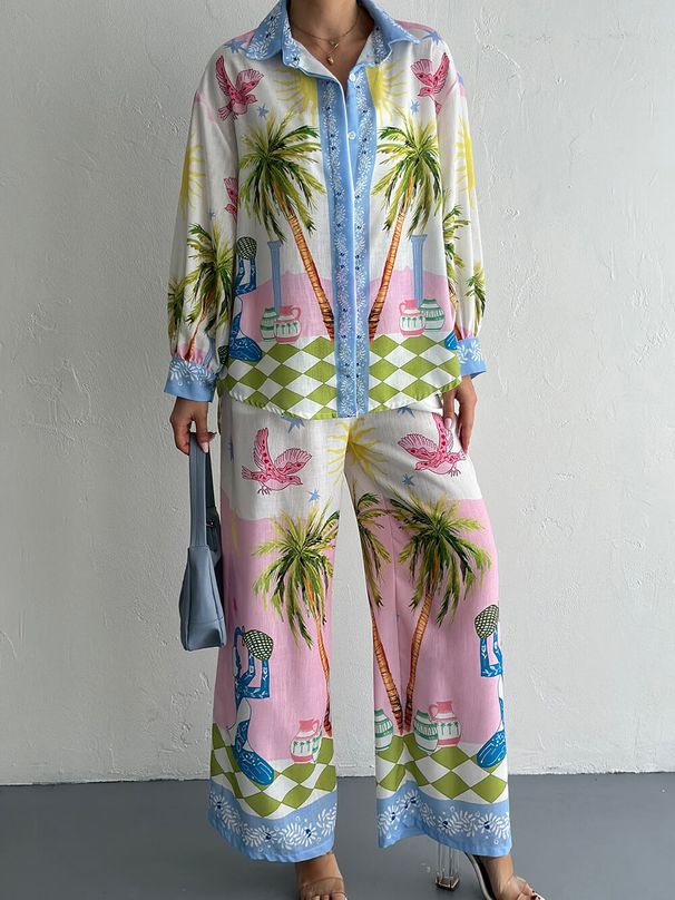 Trendy 3D Print Linen Shirt & Pants Set - Long Sleeve Casual Two-Piece Outfit For Men & Women_ecoleips.com