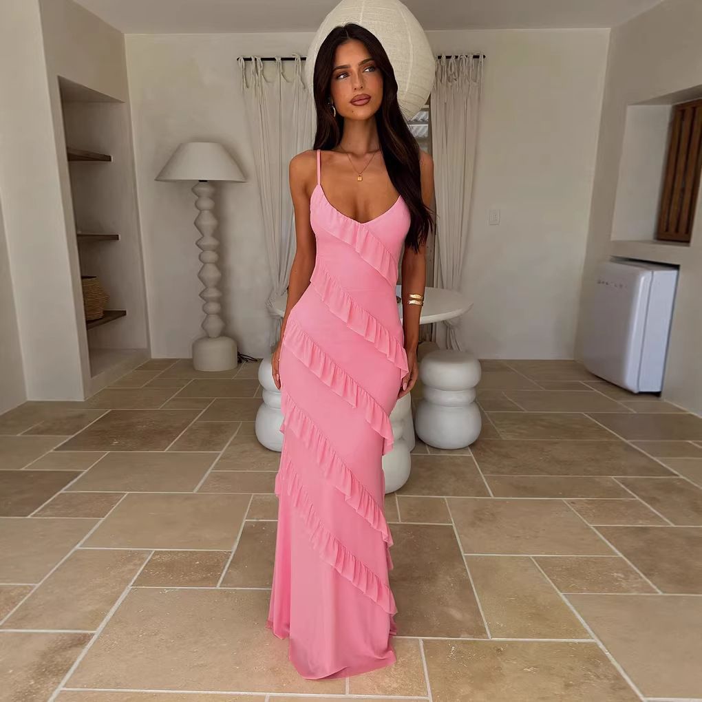 Women's Backless Halter V Neck Maxi Dress Off Shoulder Wavy Fitted Side Slit Spring Summer Fashion_ecoleips.com