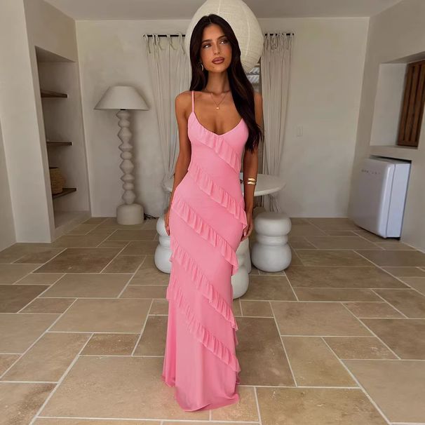 Women's Backless Halter V Neck Maxi Dress Off Shoulder Wavy Fitted Side Slit Spring Summer Fashion_ecoleips.com