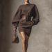 French-Inspired Off-Shoulder Sweater Dress – Long Sleeve Bell Sleeve Knit Dress With Belted Waist, A-Line Mini Dress (Brown, S-3XL)_ecoleips.com