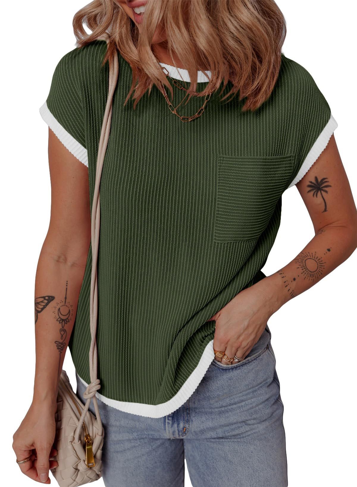 Women's Clothing Summer Round Neck Knitted Contrast Color T Shirt Casual Twisted Stripe Top_ecoleips.com