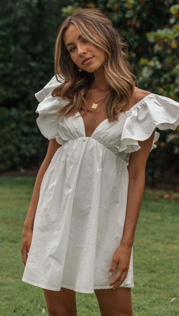 Women's V Neck Ruffle Sleeve Short Dress Youthful Style Relaxed Everyday Wear Comfortable Feshion_ecoleips.com