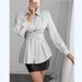 Women's Slimming Long Sleeved Shirt Autumn Striped Fashion Irregular Waist Belt Versatile Clothing Top_ecoleips.com