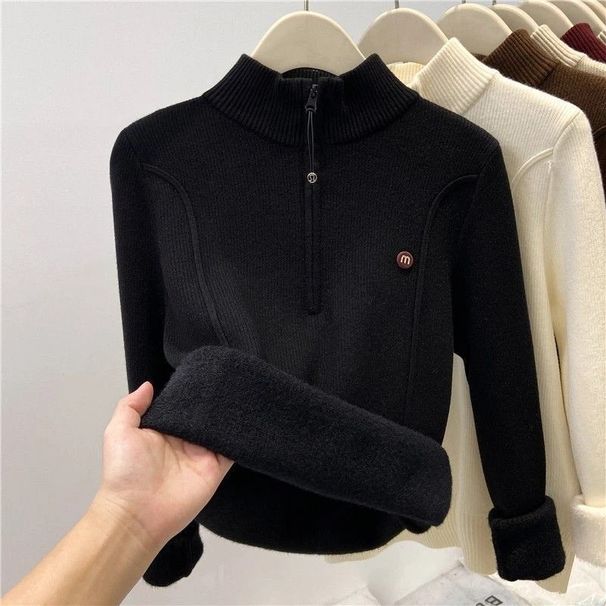 Women's Thickened Stand up Collar Half Open Zipper Fleece mid Neck Sweater Winter Style Inner Layer Knitwear Top_ecoleips.com