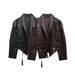 Trendy Faux Leather Belted Jacket For Women - V-Neck, Long Sleeve, Streetwear Chic (XS/S/M/L, Black & Dark Brown)_ecoleips.com