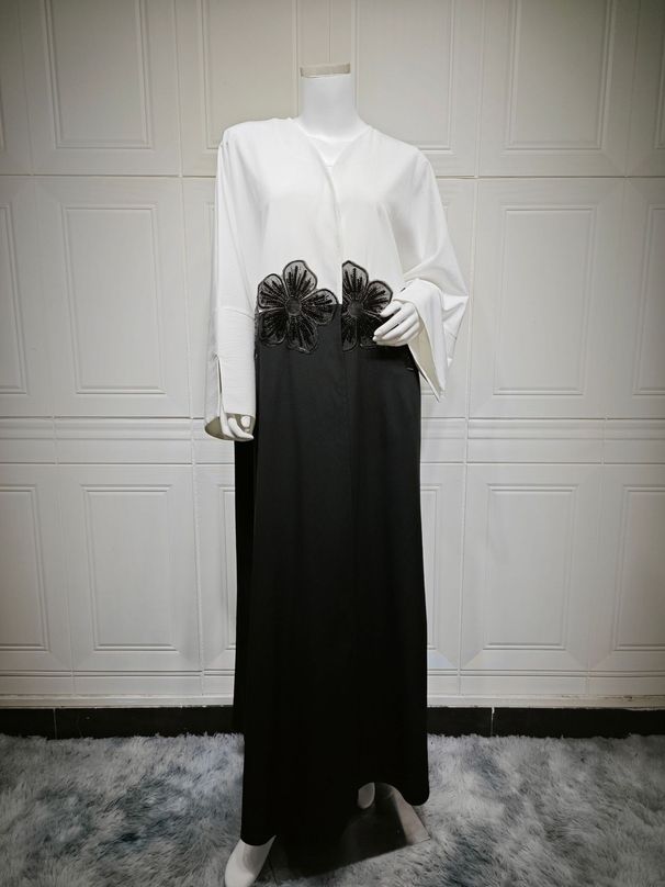 Women's Clothing Elegant Cross-Cultural Abaya With Detachable Open Front, 3D Applique & Crinkle Texture – Modest Long Dress For Women_ecoleips.com