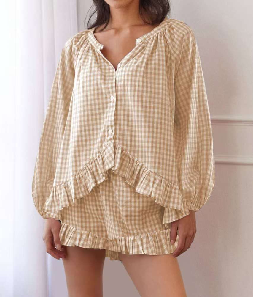 Women's Clothing Autumn New Comfortable Casual Ruffled Button Long Sleeved Tops And Trousers Sets_ecoleips.com