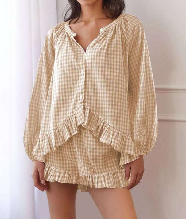 Women's Clothing Autumn New Comfortable Casual Ruffled Button Long Sleeved Tops And Trousers Sets_ecoleips.com