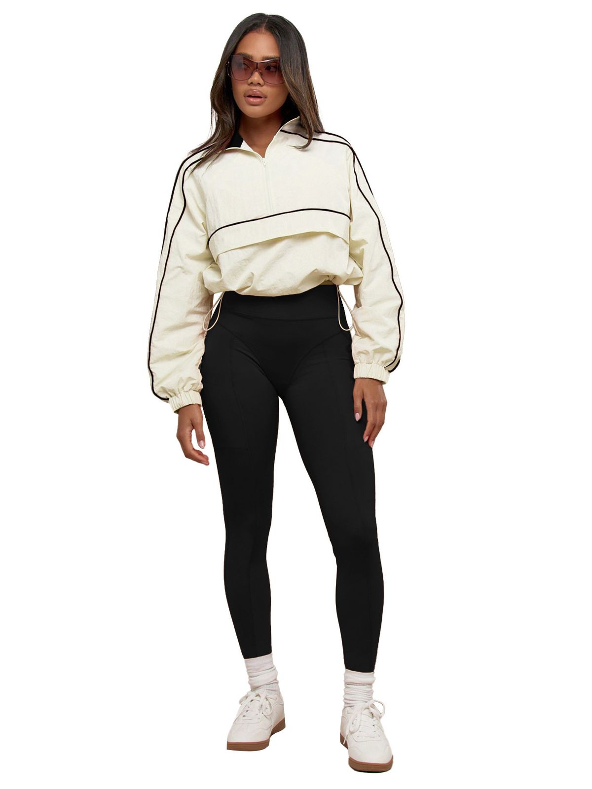 Women's Drawstring Waist Nylon Top Yoga Pants Two Piece Suit HR25081 European American Fashion Sports Leisure Clothing_ecoleips.com