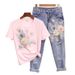Women's Clothing popular women's fashion suit summer embroidered three dimensional flower T shirt + ripped nine point jeans_ecoleips.com