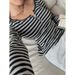 Striped Contrast Button Design Sense Straight Shoulder Long Sleeve T-Shirt Slim Slim Slim Versatile Top For Women_ecoleips.com