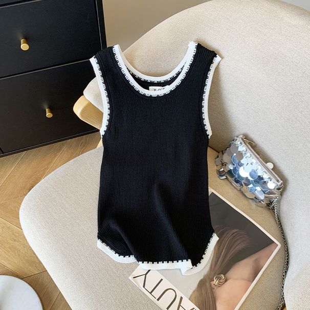 Women's Clothing Contrast Color Sleeveless Vest Camisole Ice Silk Sweater Top_ecoleips.com