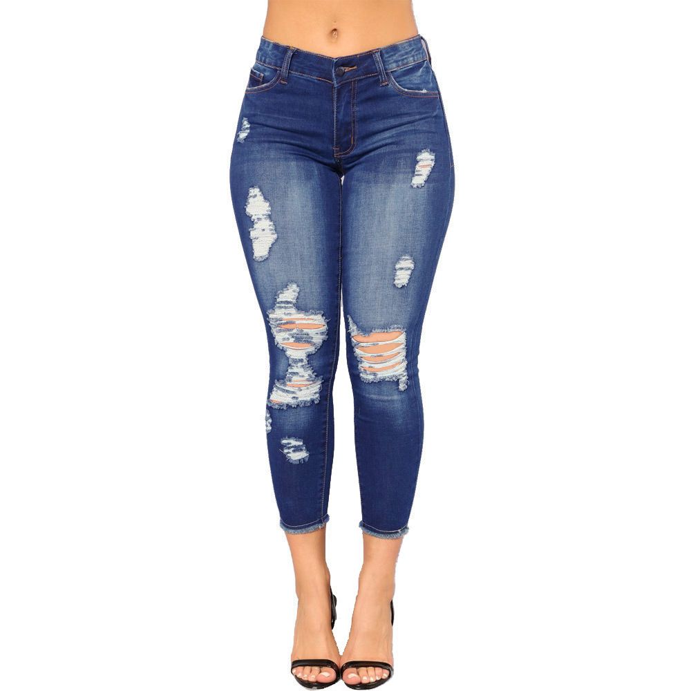 Women's Clothing New Style Ripped Denim Women's Tight Wide Leg Style Nine Point Pants_ecoleips.com