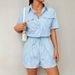 Women's Clothing Striped Button Front Placket Casual Short Sleeved Waist Jumpsuit_ecoleips.com