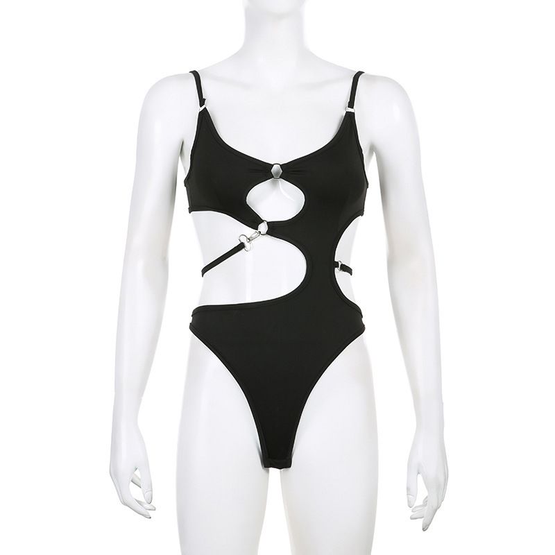 Sexy Irregular Cutout Bodysuit Solid Color Metal Buckle Strap Niche Style European American New Spring Summer Top for Women_ecoleips.com