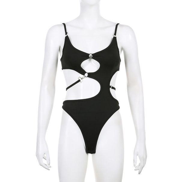 Sexy Irregular Cutout Bodysuit Solid Color Metal Buckle Strap Niche Style European American New Spring Summer Top for Women_ecoleips.com
