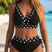 Women's European American Style Polka Dot Swimsuit Black High Waisted Slimming Strappy Bikini Two Piece Beach Vacation Swimwear_ecoleips.com