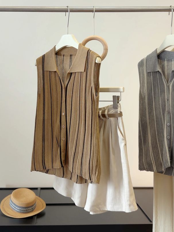Women's Old Money Style Color Block Striped Sleeveless Knit Top Slim Fit Polo Collar Cardigan New Summer Elegant_ecoleips.com