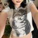 European American Harajuku Cat Print Slim Top Women's round Neck Short Sleeve T-Shirt Y2K Retro Style Versatile Basic New Cross Border_ecoleips.com