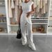 Women's Clothing New Textured Knitted Short Sleeved Tops Wide Leg Trousers Elastic Mid Waist Solid Color Casual Suit_ecoleips.com