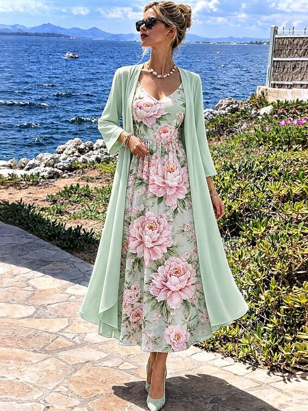 Women's Floral Print Two-Piece Dress Set, V-Neck 3/4 Sleeve Loose Fit Maxi Dress With 3d Floral Pattern, Casual Comfort Outfit_ecoleips.com