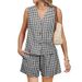 Women's Clothing Two Piece Holiday Wear Short Suit Linen Plaid Vest_ecoleips.com