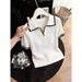 Women's White Collared Knit Top Short Sleeved Color Blocked Ribbed Design Slimming Elegant Summer New Style_ecoleips.com