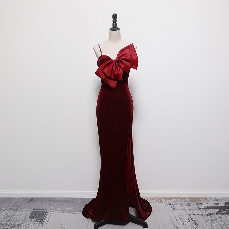 Burgundy Velvet Evening Dress – Strapless Princess Ball Gown With Bow For Banquet & Hosting (XS-XXL)_ecoleips.com