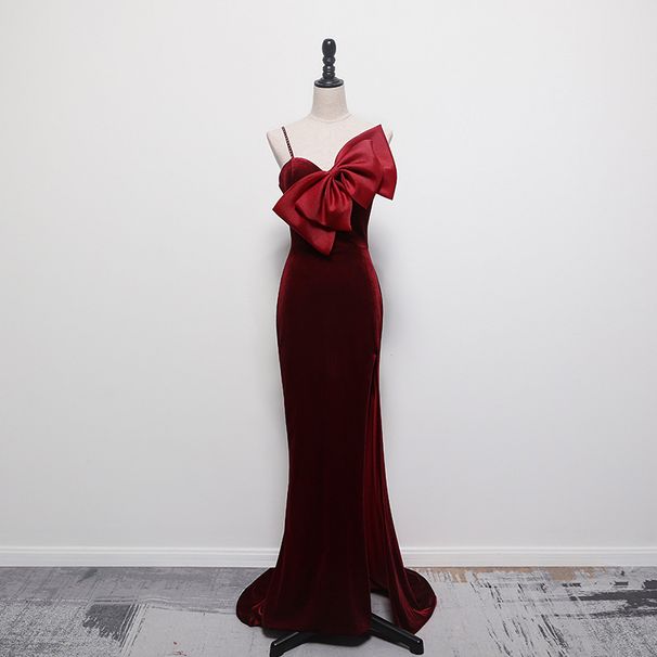 Burgundy Velvet Evening Dress – Strapless Princess Ball Gown With Bow For Banquet & Hosting (XS-XXL)_ecoleips.com