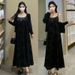 Autumn New Korean Fashion Flocked Camisole Black Cardigan Two-Piece Set Maternity Dress_ecoleips.com