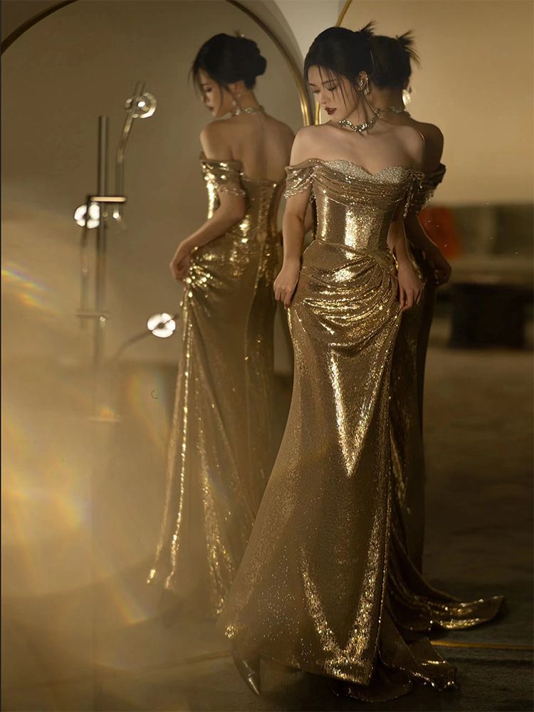 Women's Clothing Gold Evening Dress For Women High Grade Sequined Host One Shoulder Tube Top Toast Dress Bride Fishtail Skirt_ecoleips.com
