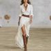 Women's French Vintage V Neck Ruched Waist Button Front Side Slit Long Sleeve Maxi Dress – Elegant Casual Flowy Gown_ecoleips.com