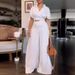 Women's Clothing Solid Color Waist Loose Flared Pants Suit Two Piece Set_ecoleips.com