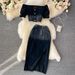 Women's Clothing Denim Skirt Mid-length High Waist Split A- Line Long Skirt Hip Skirt Two-piece Suit High Waist Short Top_ecoleips.com