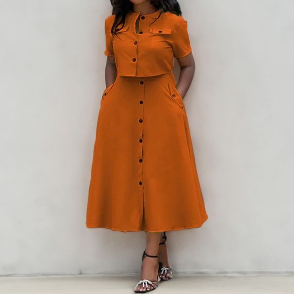 Women's Solid Color Commuter Style Pant Set Single Breasted Long Skirt Spring New Arrival European And American Clothing Short Sleeved 2026_ecoleips.com