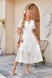 Women's Clothing V Neck Hollow Eyelet Pleated Short Sleeved Long Dress_ecoleips.com